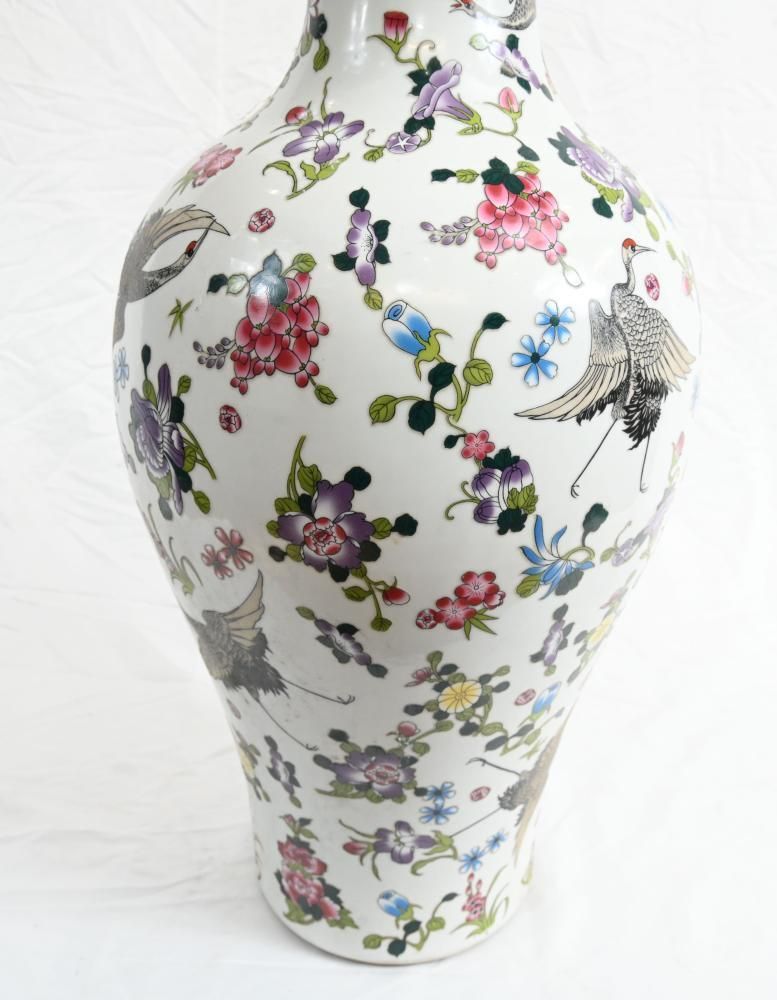 Chinese Qianlong Porcelain Vase Floral Crane Ceramic Urn photo vinterior