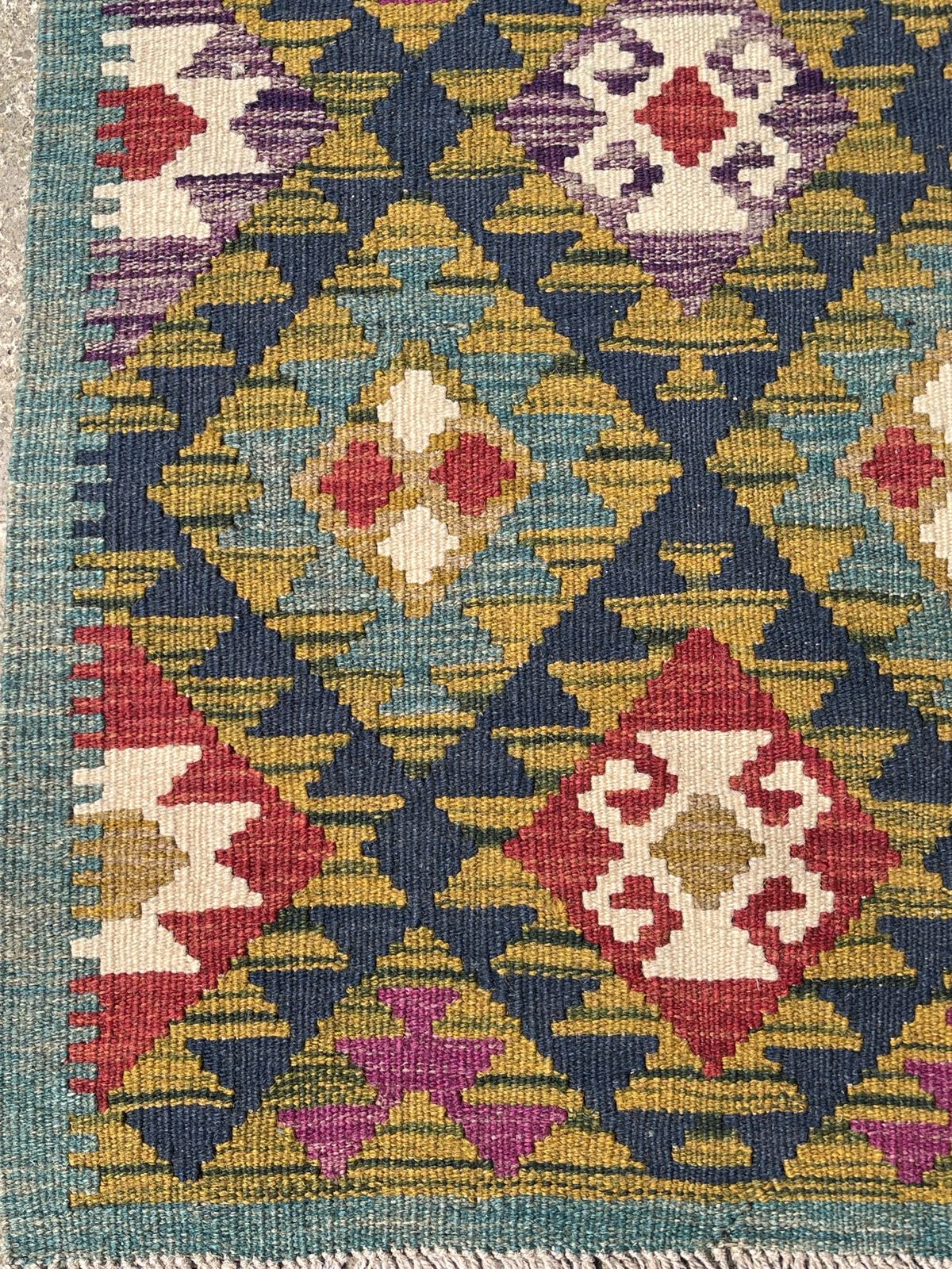 Maimana Kilim Runner Rug, Green Ground, 198x66cm. photo for sale