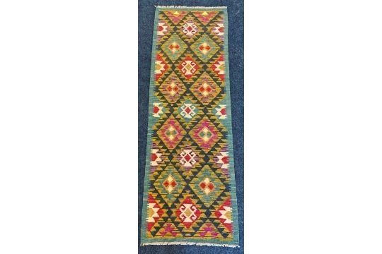 Maimana Kilim Runner Rug, Green Ground, 198x66cm. photo Textiles