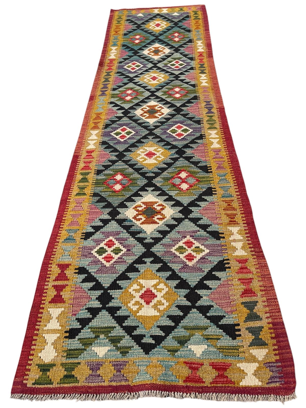 Maimana Kilim Runner, Red Trim & Green Border, 295cm X 81cm