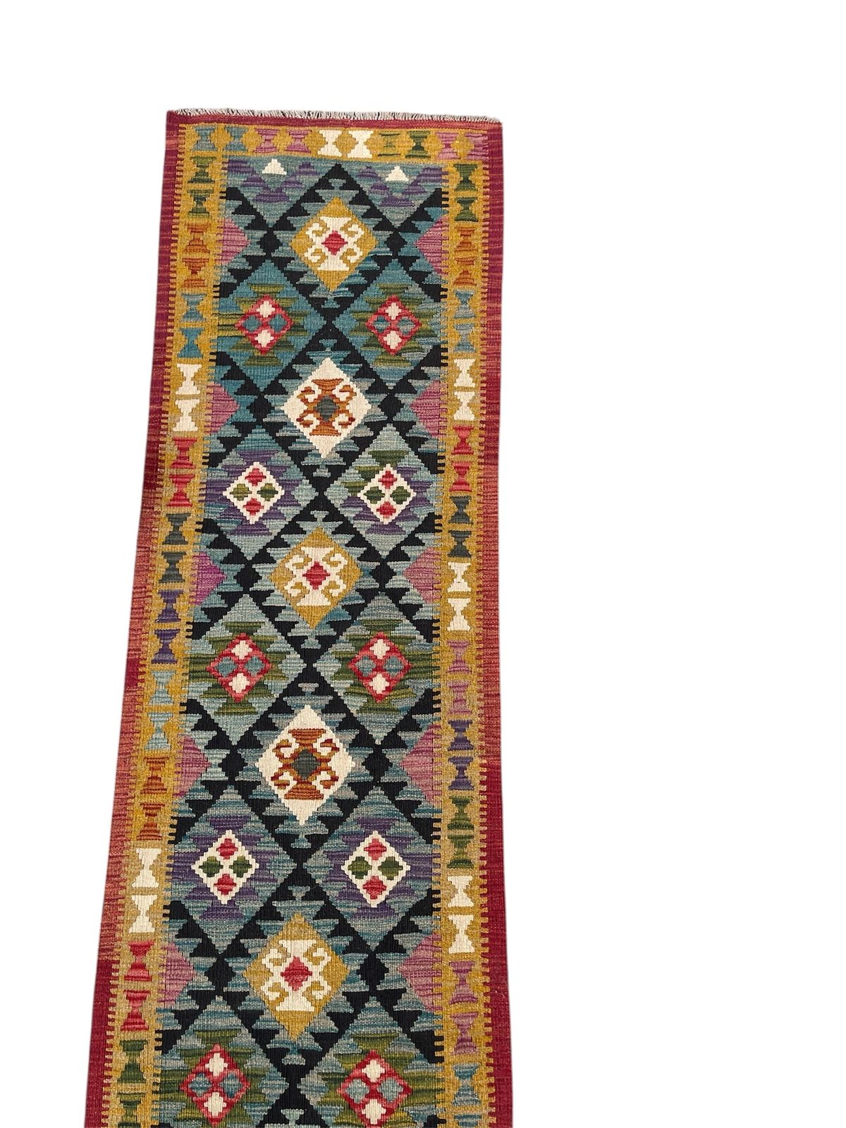 Maimana Kilim Runner, Red Trim & Green Border, 295cm X 81cm photo for sale