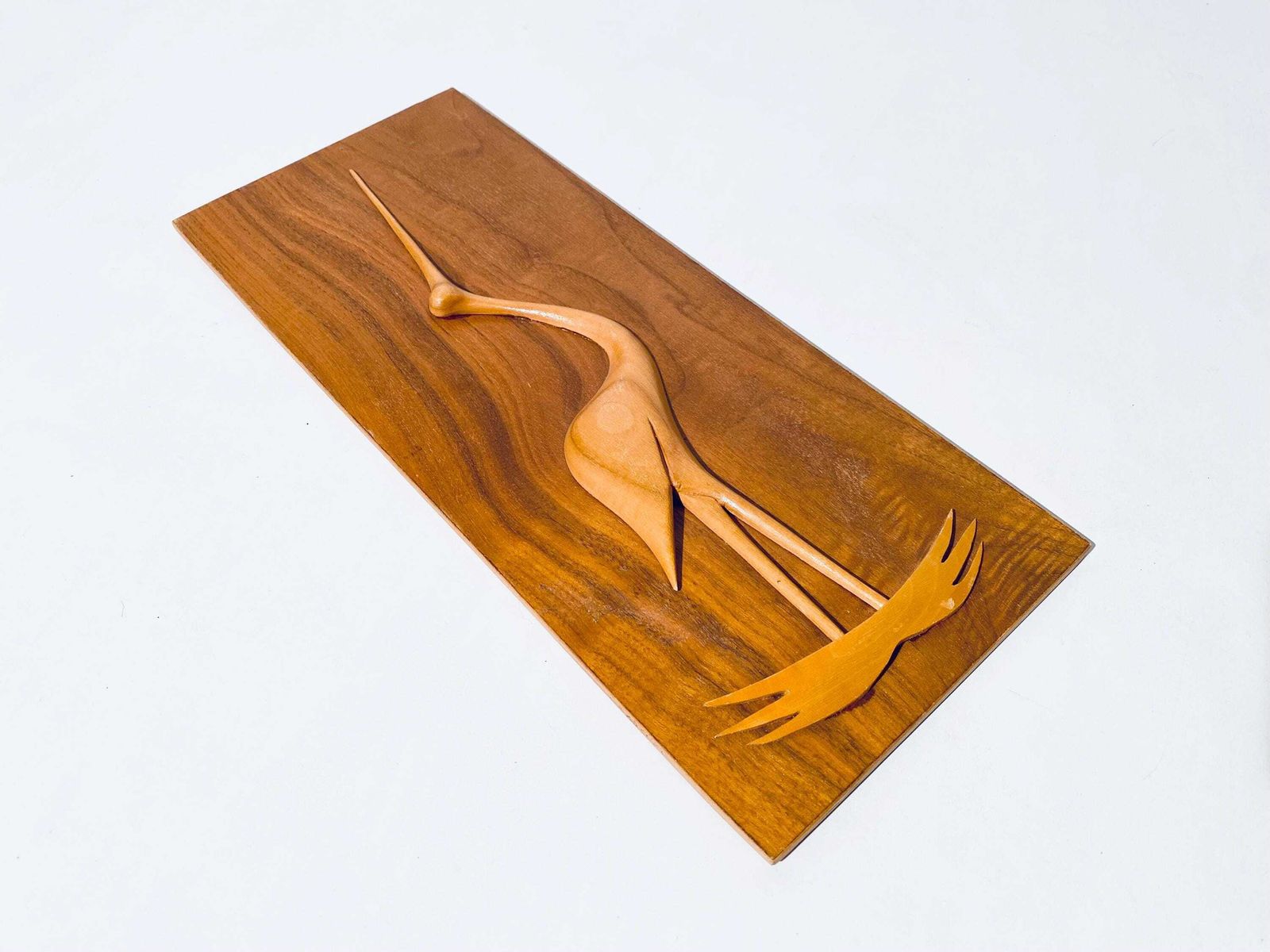 Mid Century Teak Crane Bird Motif Wood Picture / Vintage 50s 60s Wall Decor photo for sale
