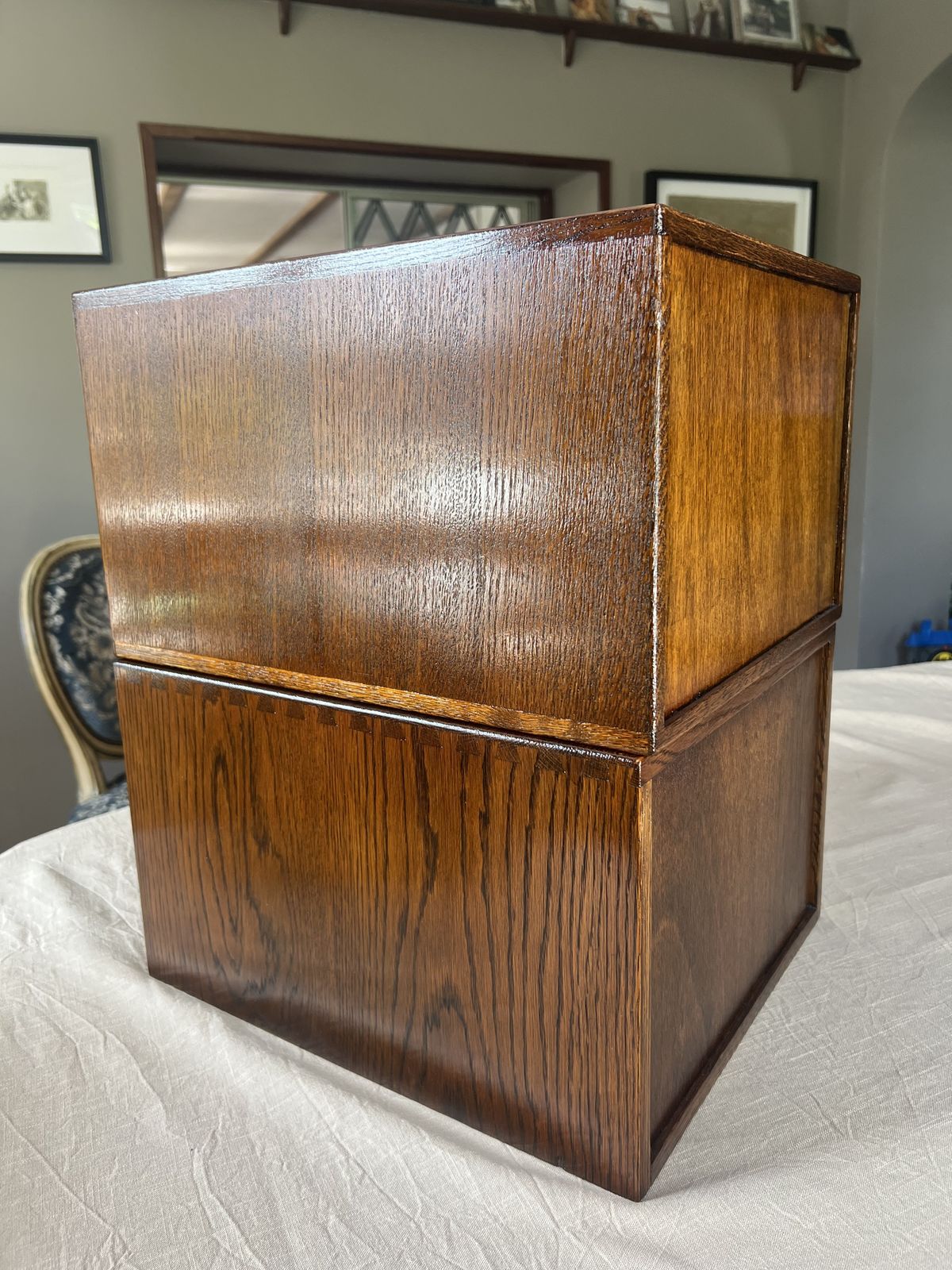 Antique Oak Library Index Card Drawers With Brass Handles Two Sets Of 4 photo Furniture