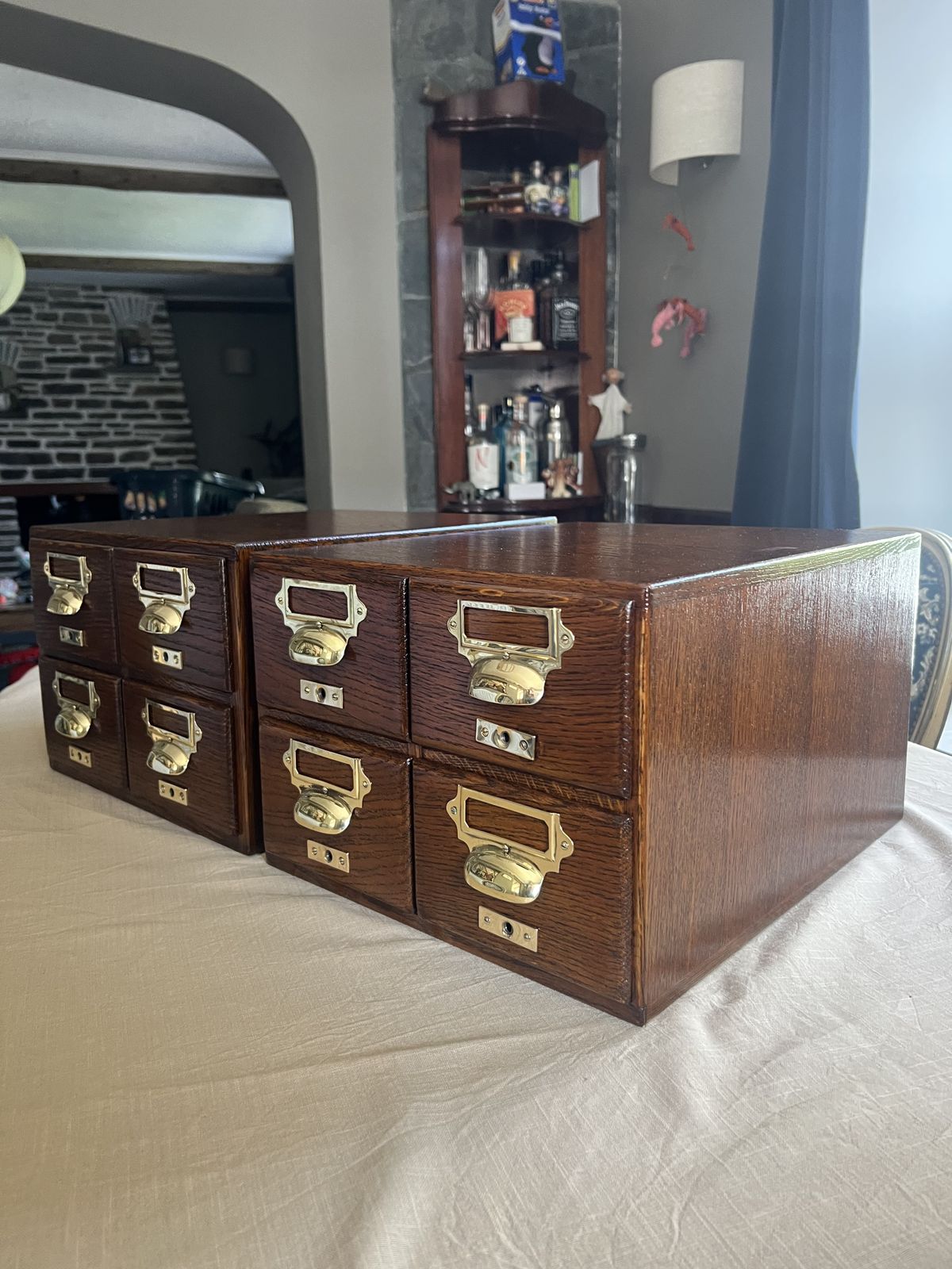 350.0 Antique Oak Library Index Card Drawers With Brass Handles Two Sets Of 4 photo