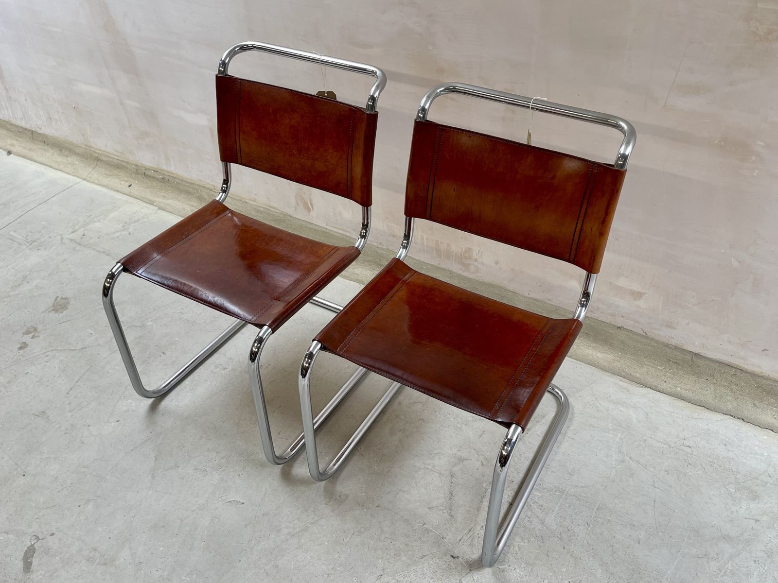 Pair Dining Or Desk Chairs Mart Stam Marcel Breuer S33 Set Of Two 2 Fasem Chrome Tan Cognac Brown Leather Cantilever Bauhaus photo vinterior