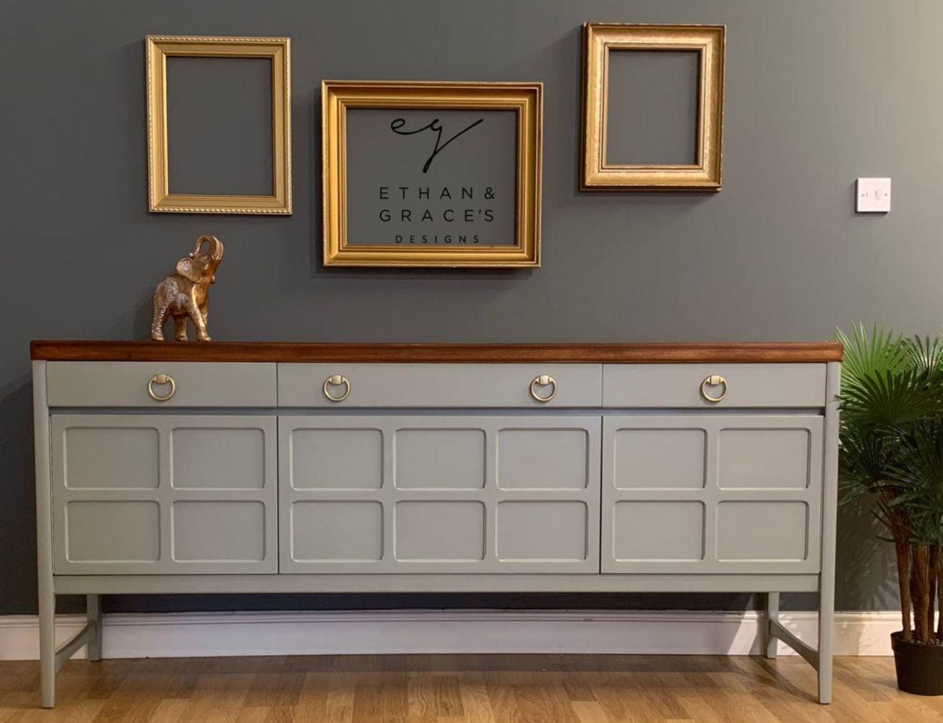 Farrow & Balls “Pigeon” Nathan Sideboard With Naked Teak Top