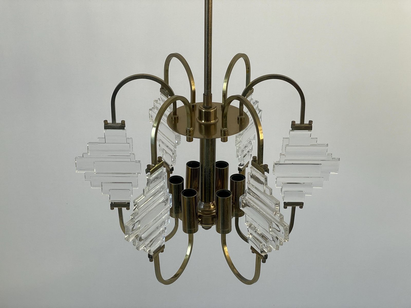 Brass And Crystal Glass Ceiling Lamp, 1960s, Italy photo for sale