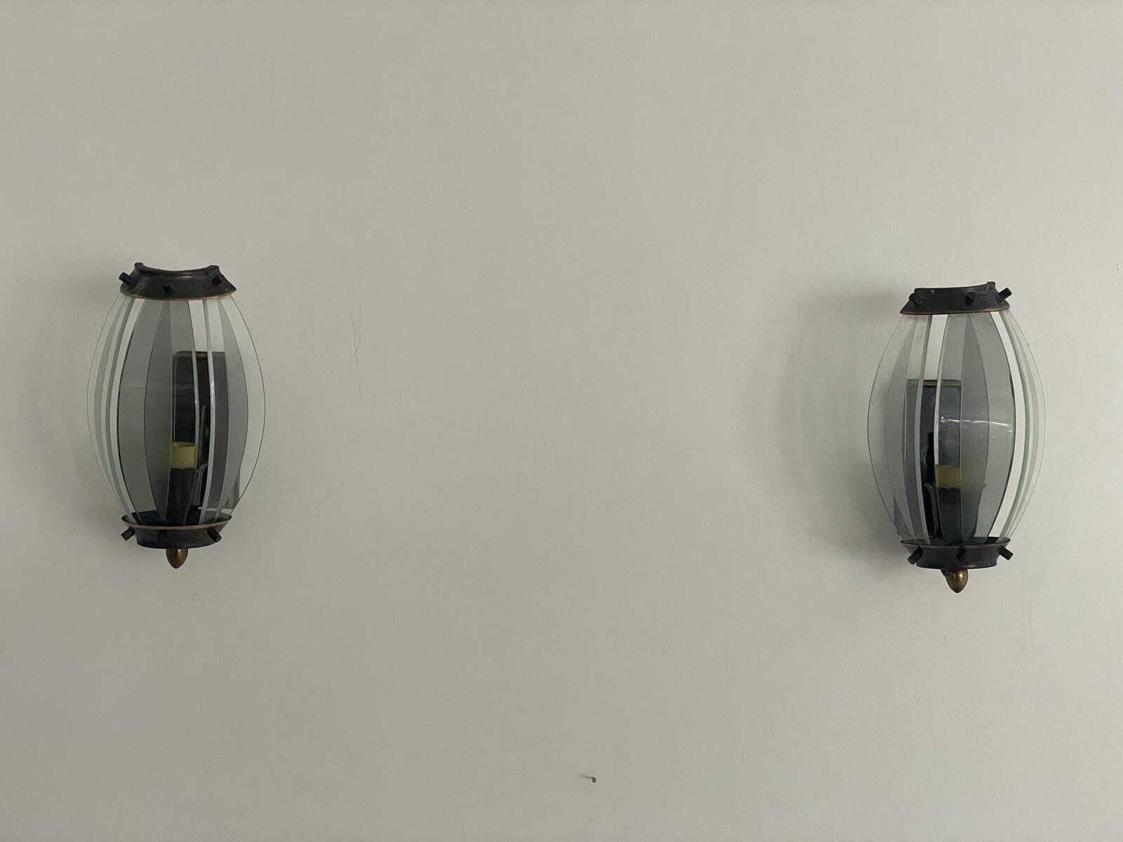 Italian Curved Glass And Metal Set Of 2 Sconces, 1950s, Italy photo Lighting