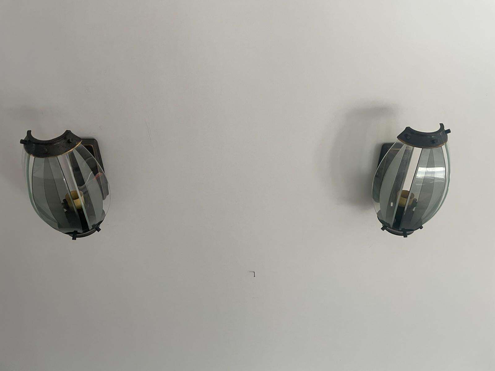photo furniture Italian Curved Glass And Metal Set Of 2 Sconces, 1950s, Italy
