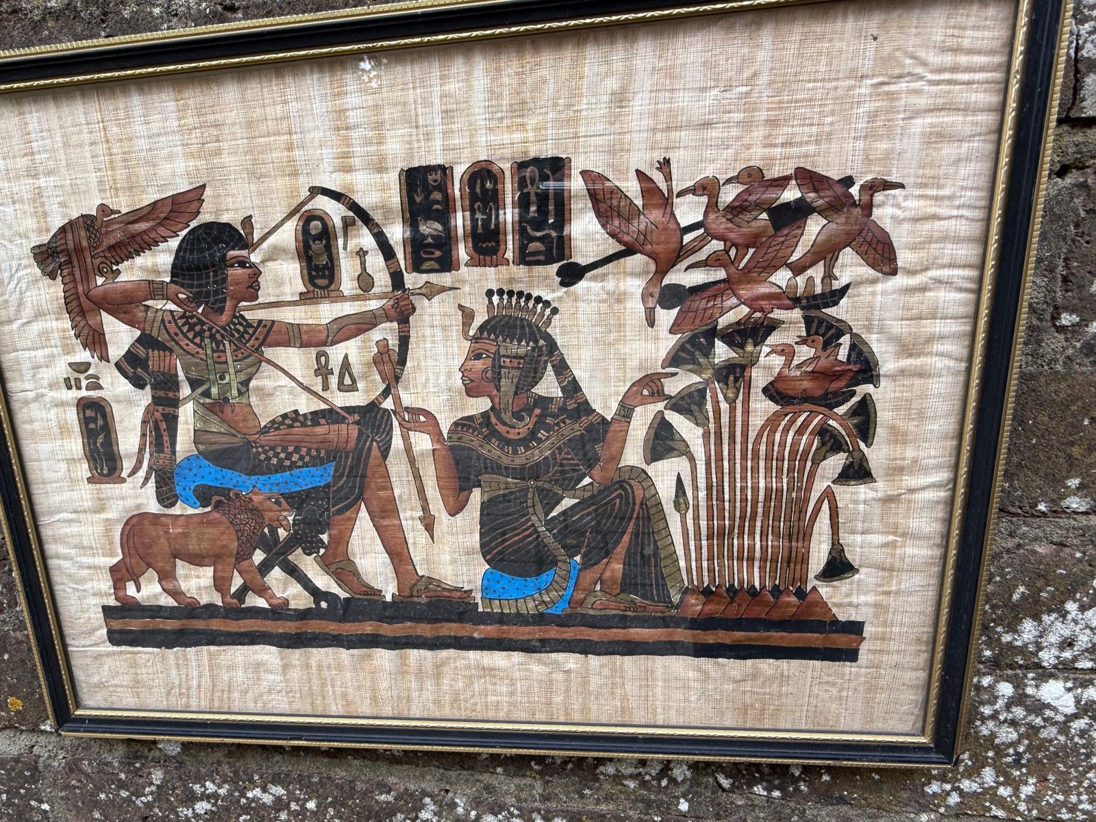 Two Vintage Framed Papyrus Replicas   Pharaoh And Tomb Of Nebamum   Excellent Quality, Hand Painted Egyptian Vintage Art photo furniture