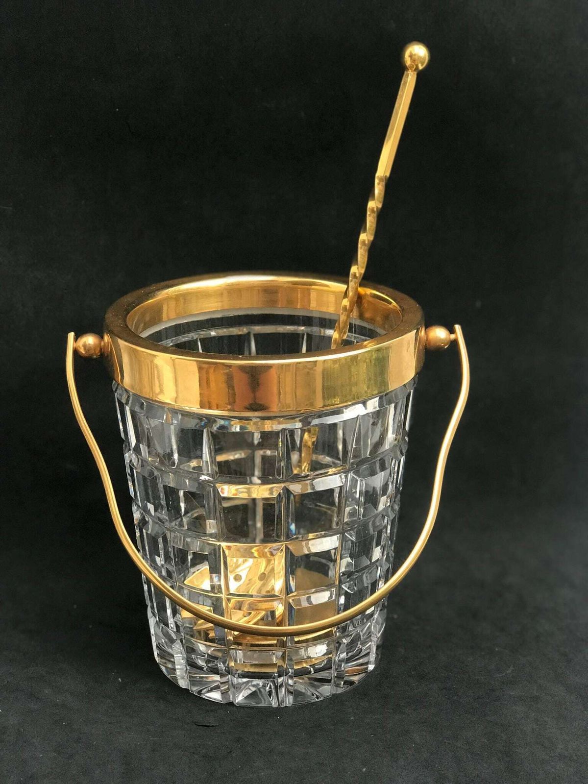 Ice Bucket Hand Cut Crystal French With Golden Metal Handle Mid Century Barware Mixology Tools Bar Cart Hollywood Regency Man Cave Gift photo furniture
