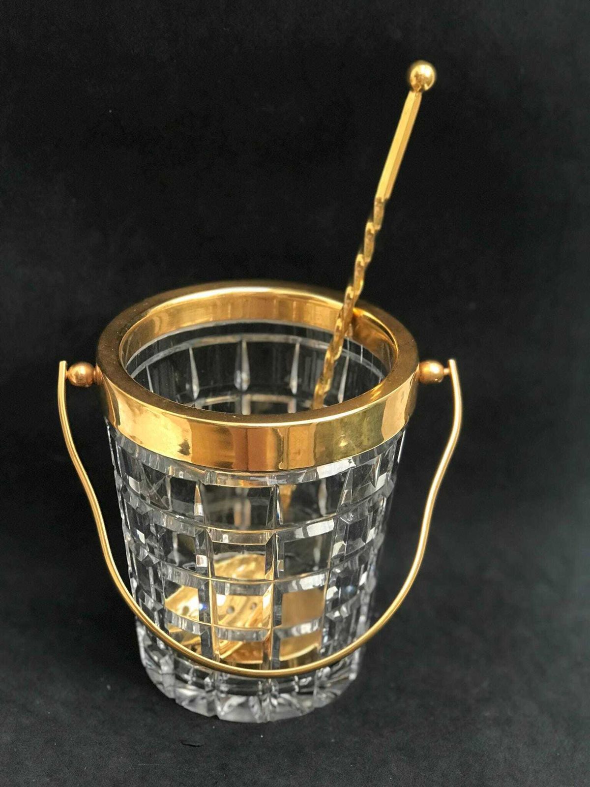Ijsemmer Van Handgeslepen Kristal, Frans, Met Gouden Metalen Handvat – Mid Century Barware, Hollywood Regency, Man Cave, Cadeau photo Woonaccessoires