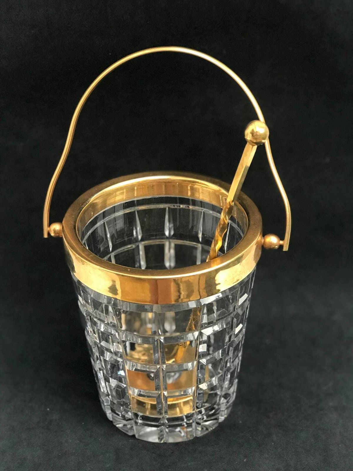 photo for sale Ice Bucket Hand Cut Crystal French With Golden Metal Handle Mid Century Barware Mixology Tools Bar Cart Hollywood Regency Man Cave Gift
