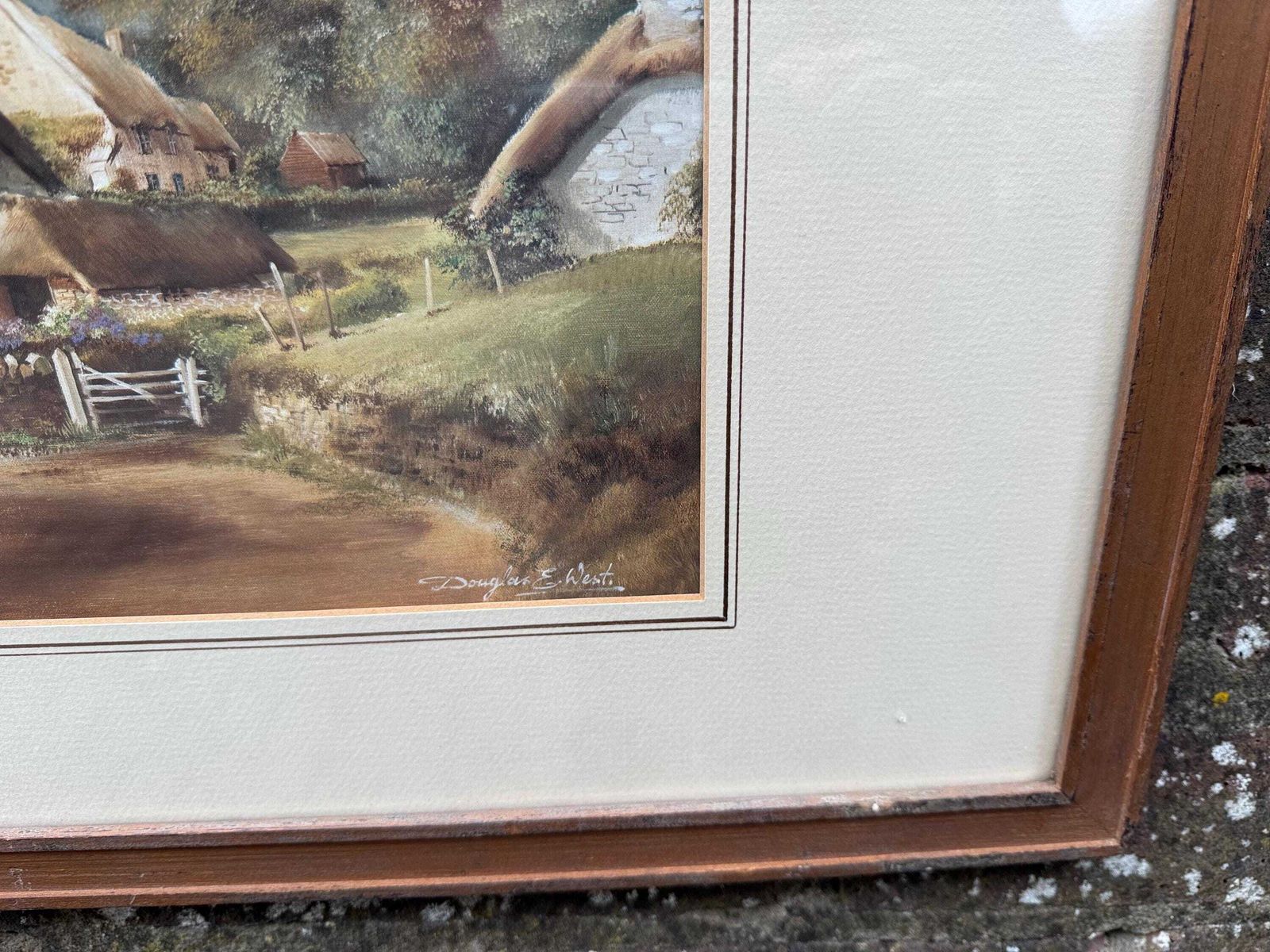 Vintage Douglas E. West Cottage Scene Print In Excellent Vintage Frame – English Countryside Landscape, Thatched Cottages, Rustic Wall Art photo vinterior