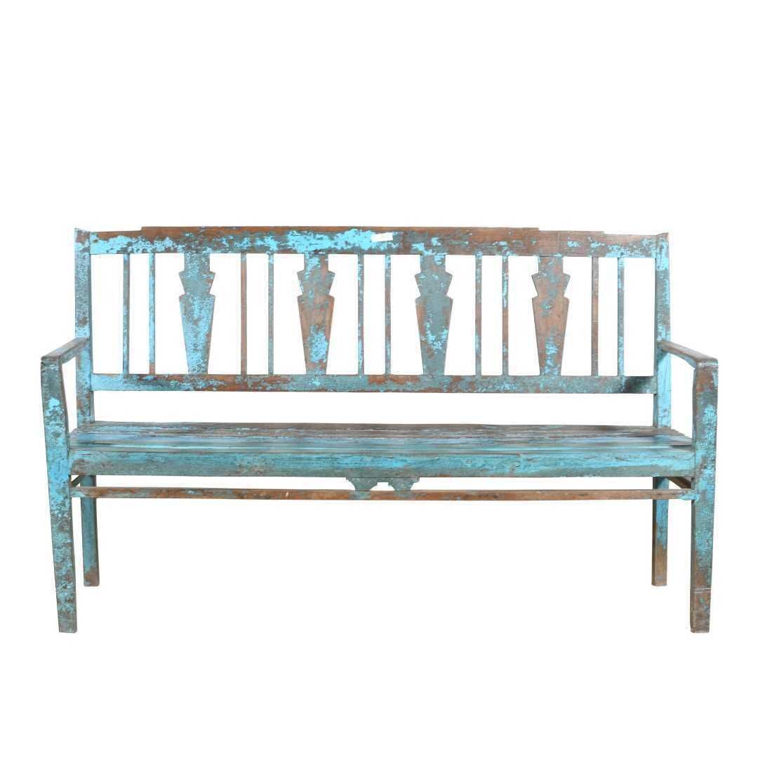 Antique Turquoise Indian Teak Bench | C.1920 Chapel Hall Seat | Rajasthan Garden Furniture | Art Deco Backrest photo Furniture