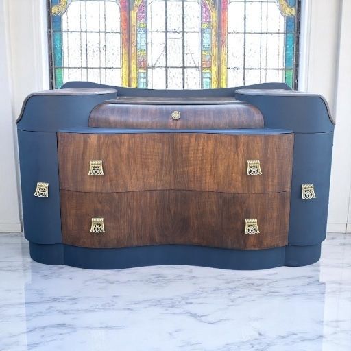 Art Deco Painted Dressing Table Burr Walnut Veneer Black Gold photo vinterior