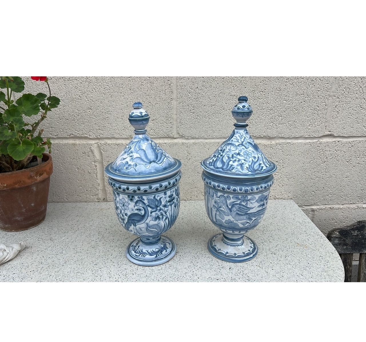 Pair Of Portuguese Coimbra Faience Blue And White Lidded Vases By Vasco Vieira Lusitânia photo for sale