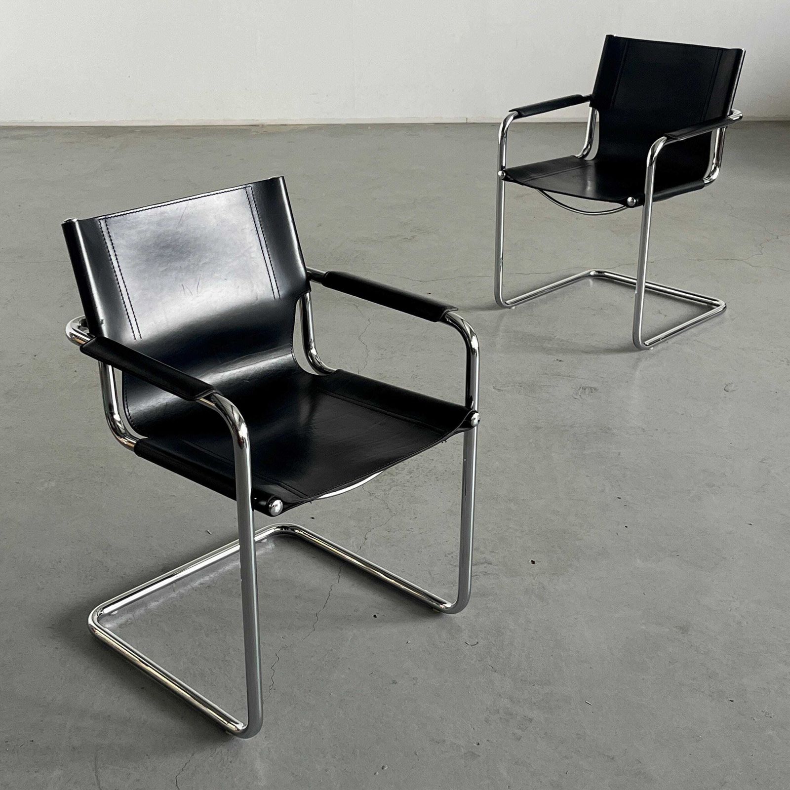 Pair Of Original Leather Cantilever Armchairs By Centro Studi For Matteo Grassi, Bauhaus Design Tubular Steel And Leather Cantilever Chairs photo furniture