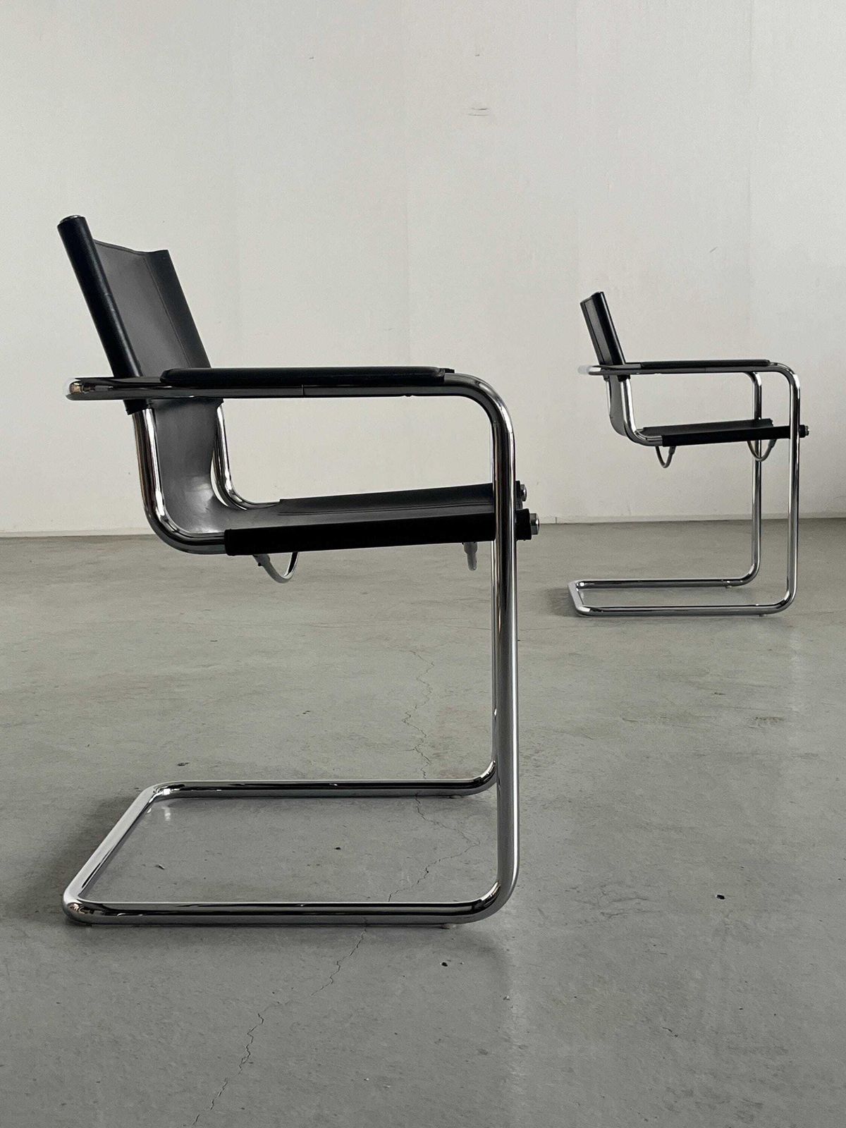 Pair Of Original Leather Cantilever Armchairs By Centro Studi For Matteo Grassi, Bauhaus Design Tubular Steel And Leather Cantilever Chairs photo Furniture