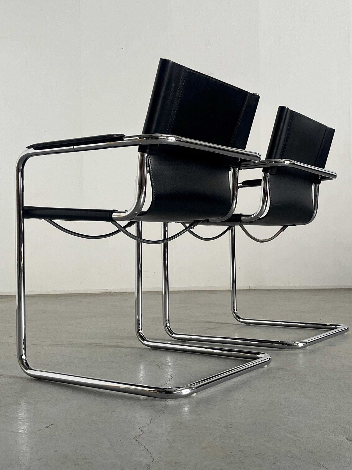Pair Of Original Leather Cantilever Armchairs By Centro Studi For Matteo Grassi, Bauhaus Design Tubular Steel And Leather Cantilever Chairs photo 791.0