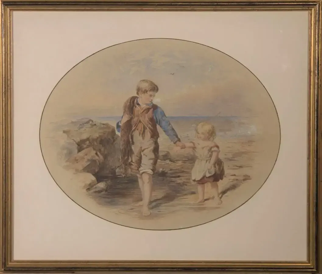 Framed Mid 19th Century Watercolour  Children On The Beach