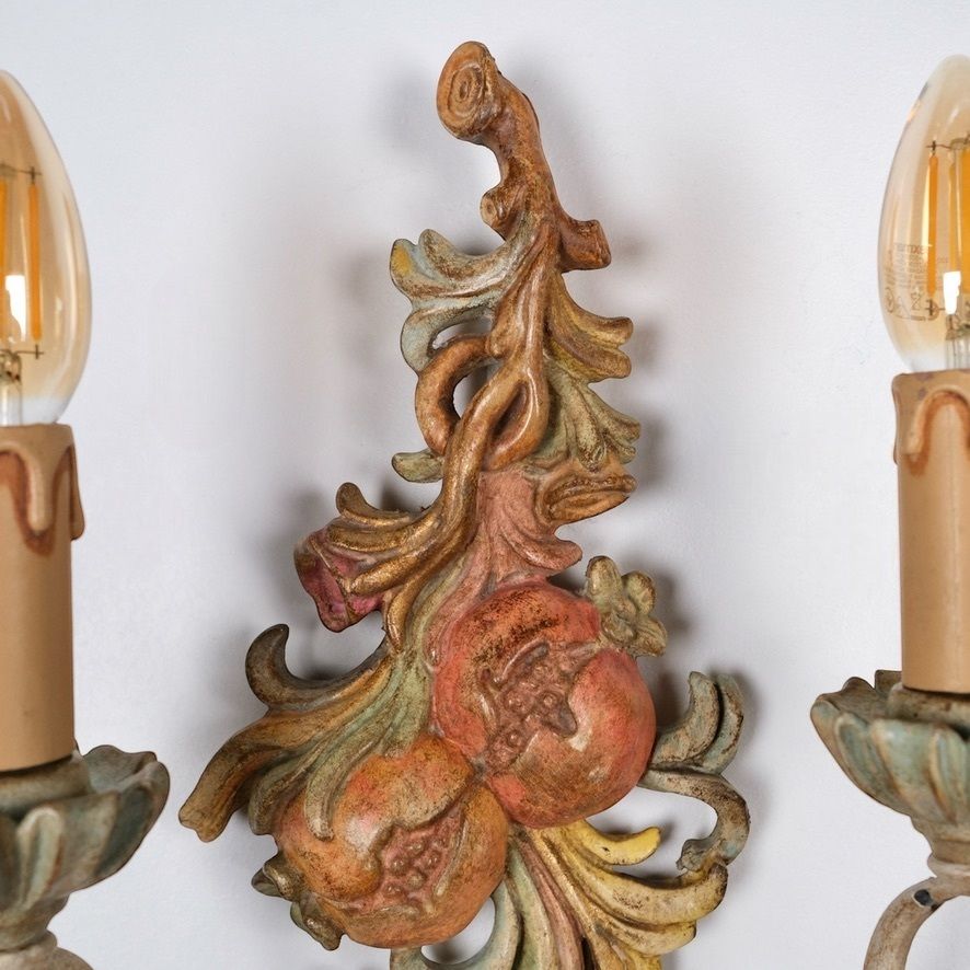 Pair Of Polychrome Carved Wood And Metal Wall Lights By Chelini, Firenze, 1980 photo Lighting