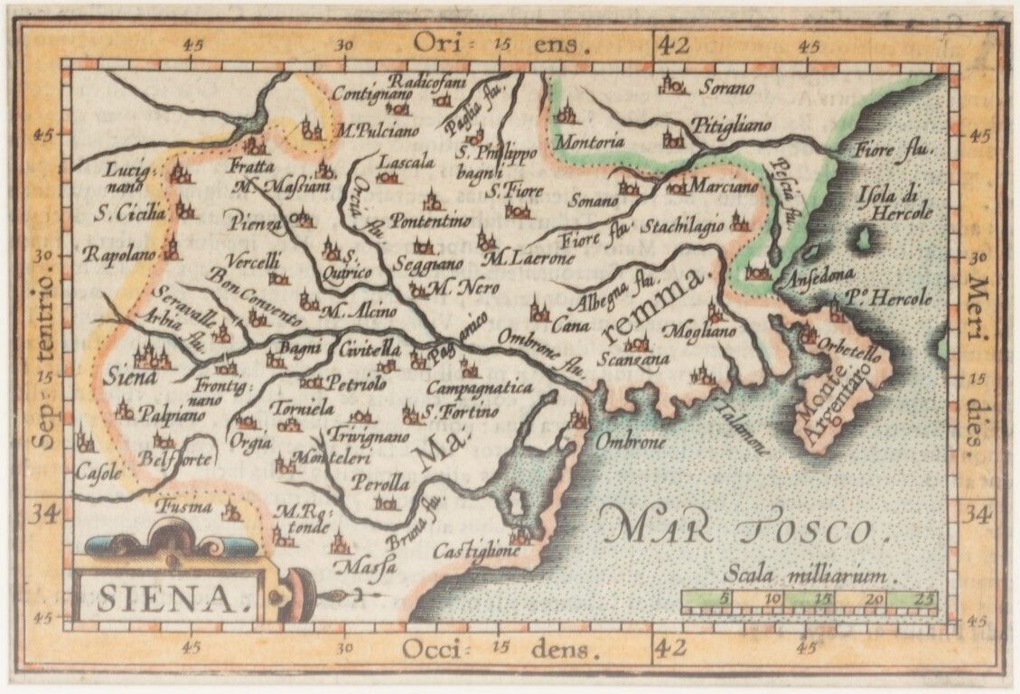 Antique Miniature 17th Century Copper Plate Provincial Map Of Siena