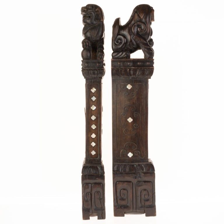 Antique Chinese Hardwood Foo Dogs Wall Mounts With Inlaid Bronze & Mother Of Pearl photo furniture