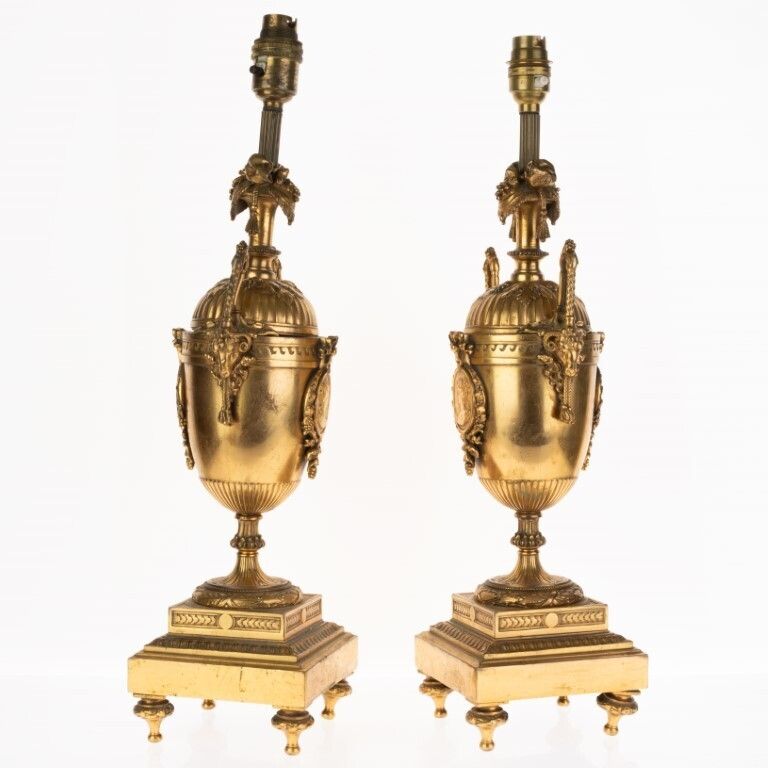 Antique Pair Of French Napoleon III Gilt Bronze Medallion Table Lamp Vases photo furniture