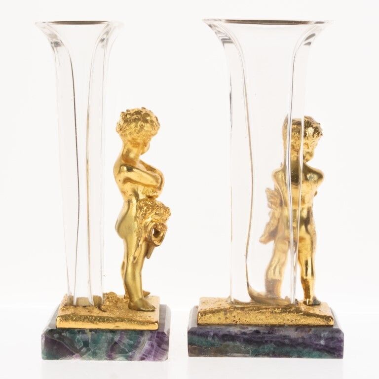 Antique Set Of French Gilt Bronze & Rock Crystal Cherub Vases With Blue John Base photo furniture