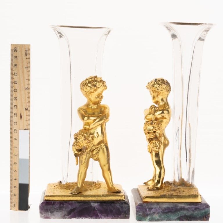 Antique Set Of French Gilt Bronze & Rock Crystal Cherub Vases With Blue John Base photo Home Decor