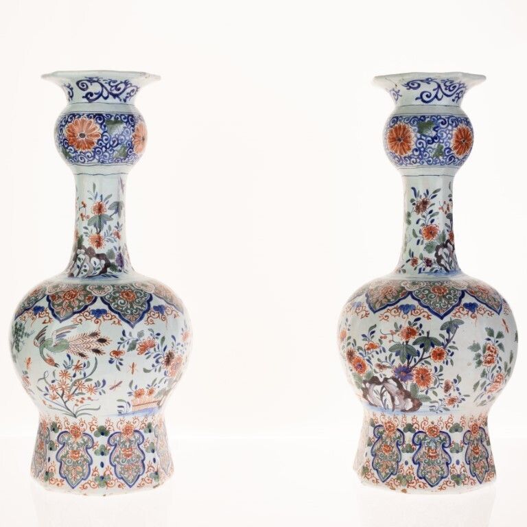 Antique Pair Of Large Dutch Delft Polychrome Ceramic Faience Exotic Bird Vases First Half 18th Century