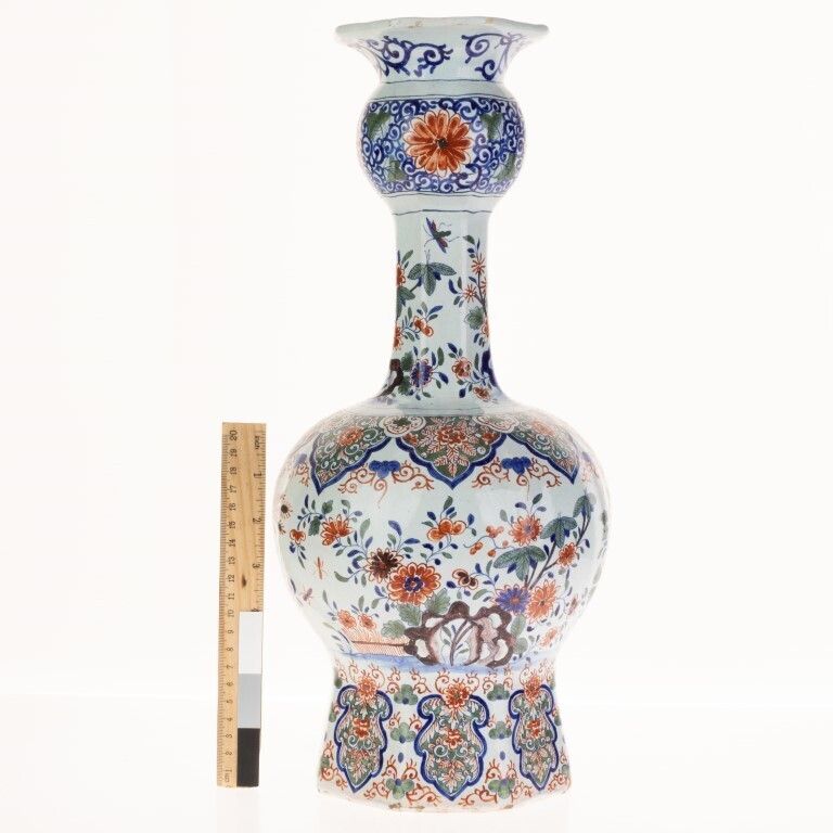 Antique Pair Of Large Dutch Delft Polychrome Ceramic Faience Exotic Bird Vases First Half 18th Century photo for sale