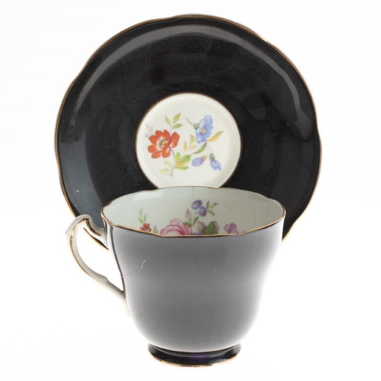 Adderley Royal Black Ground Porcelain Floral Teacup With Saucer