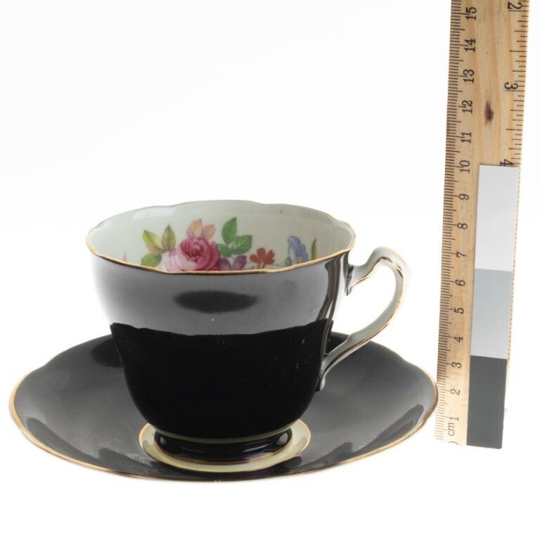 Adderley Royal Black Ground Porcelain Floral Teacup With Saucer photo for sale