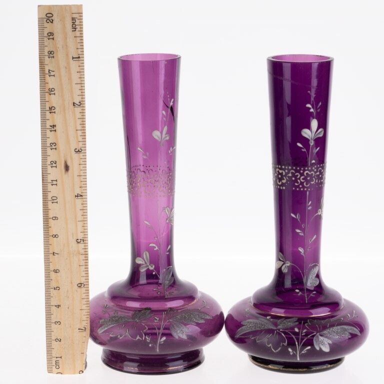 Antique Victorian Pair Of Hand Painted Amethyst Glass Spill Vases photo for sale