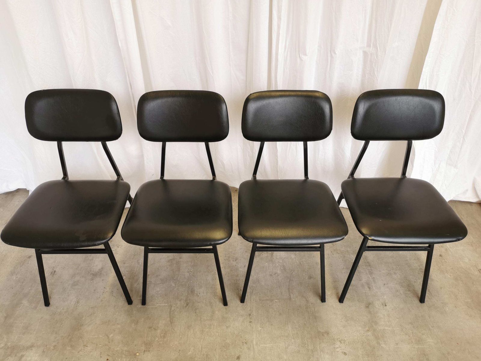 Set Of 4 Vintage School Chairs With Black Leather / Stol Kamnik 1980s Yugoslavia / Metal Base Leather Seat / Mid Century Dining Chair photo furniture