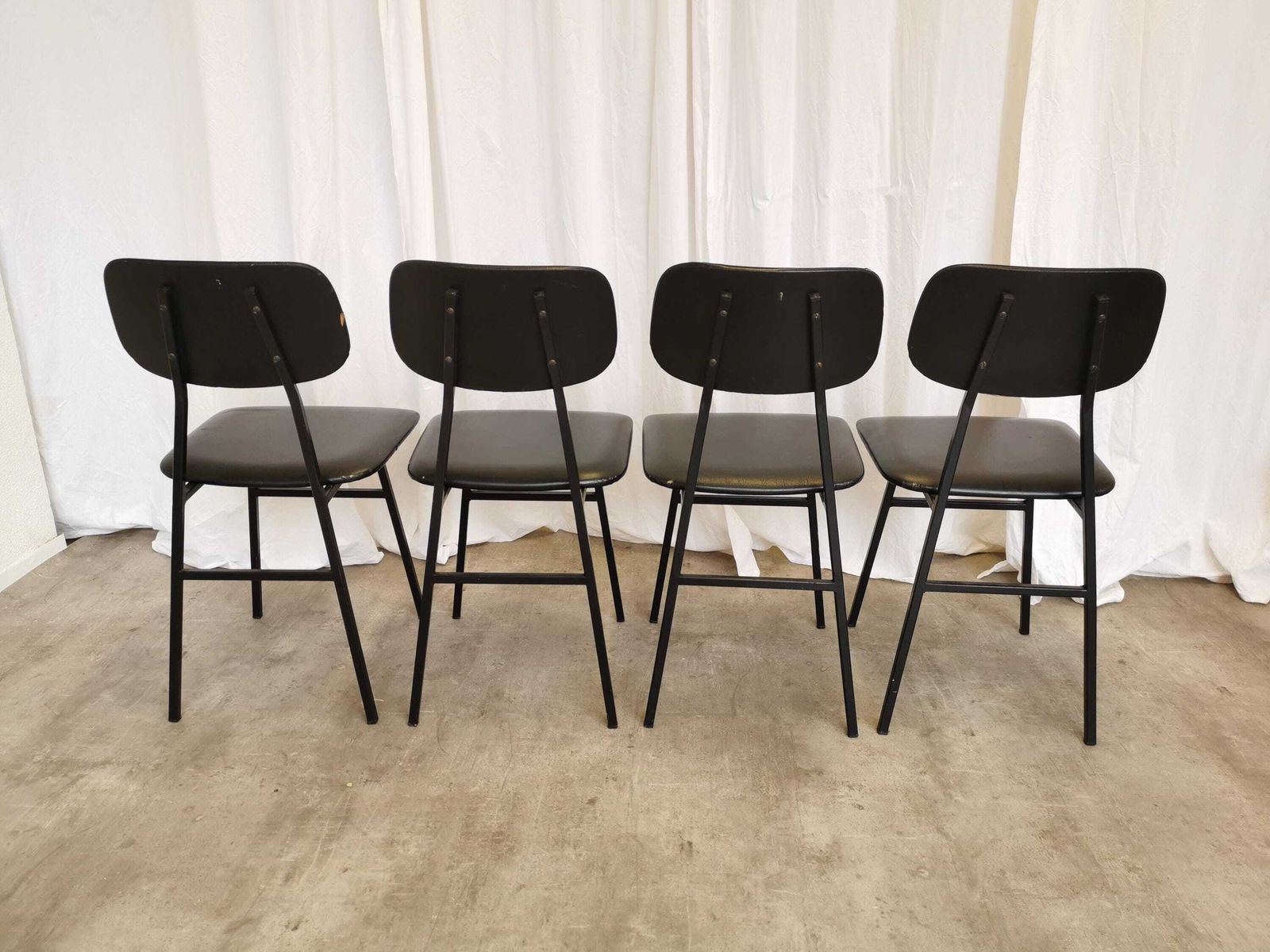 Set Of 4 Vintage School Chairs With Black Leather / Stol Kamnik 1980s Yugoslavia / Metal Base Leather Seat / Mid Century Dining Chair photo for sale