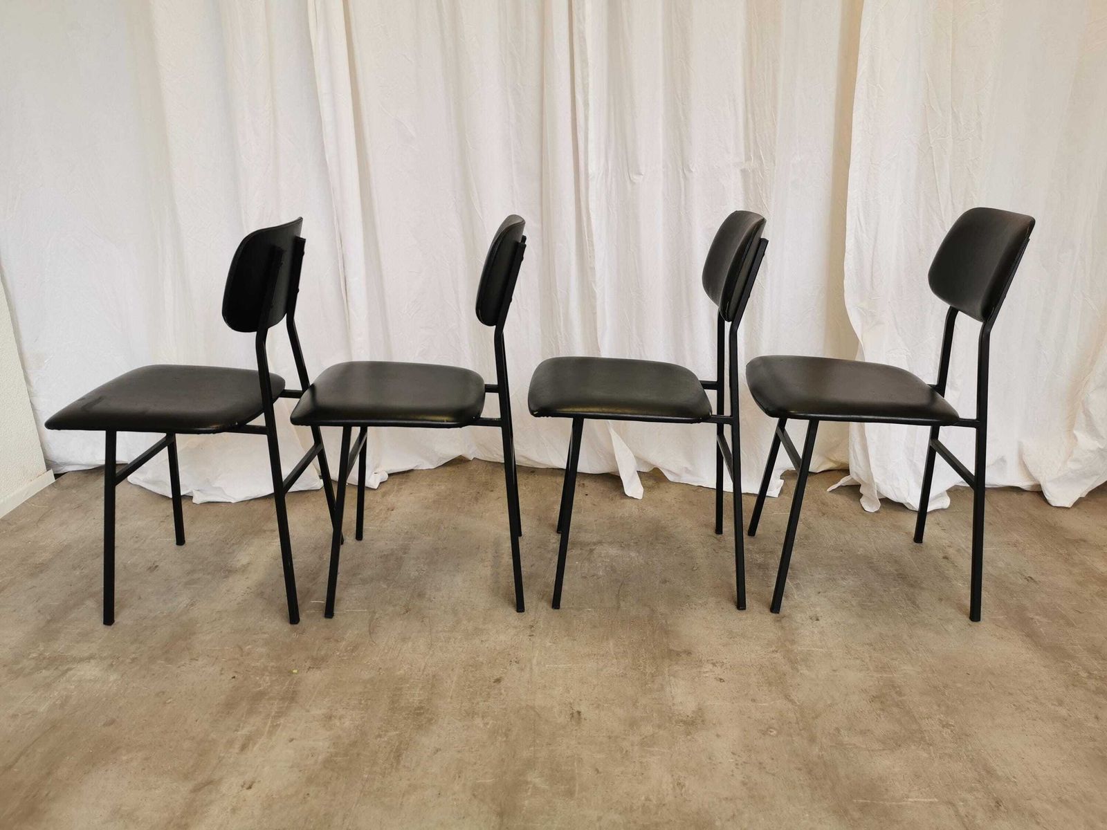 Set Of 4 Vintage School Chairs With Black Leather / Stol Kamnik 1980s Yugoslavia / Metal Base Leather Seat / Mid Century Dining Chair photo vintage