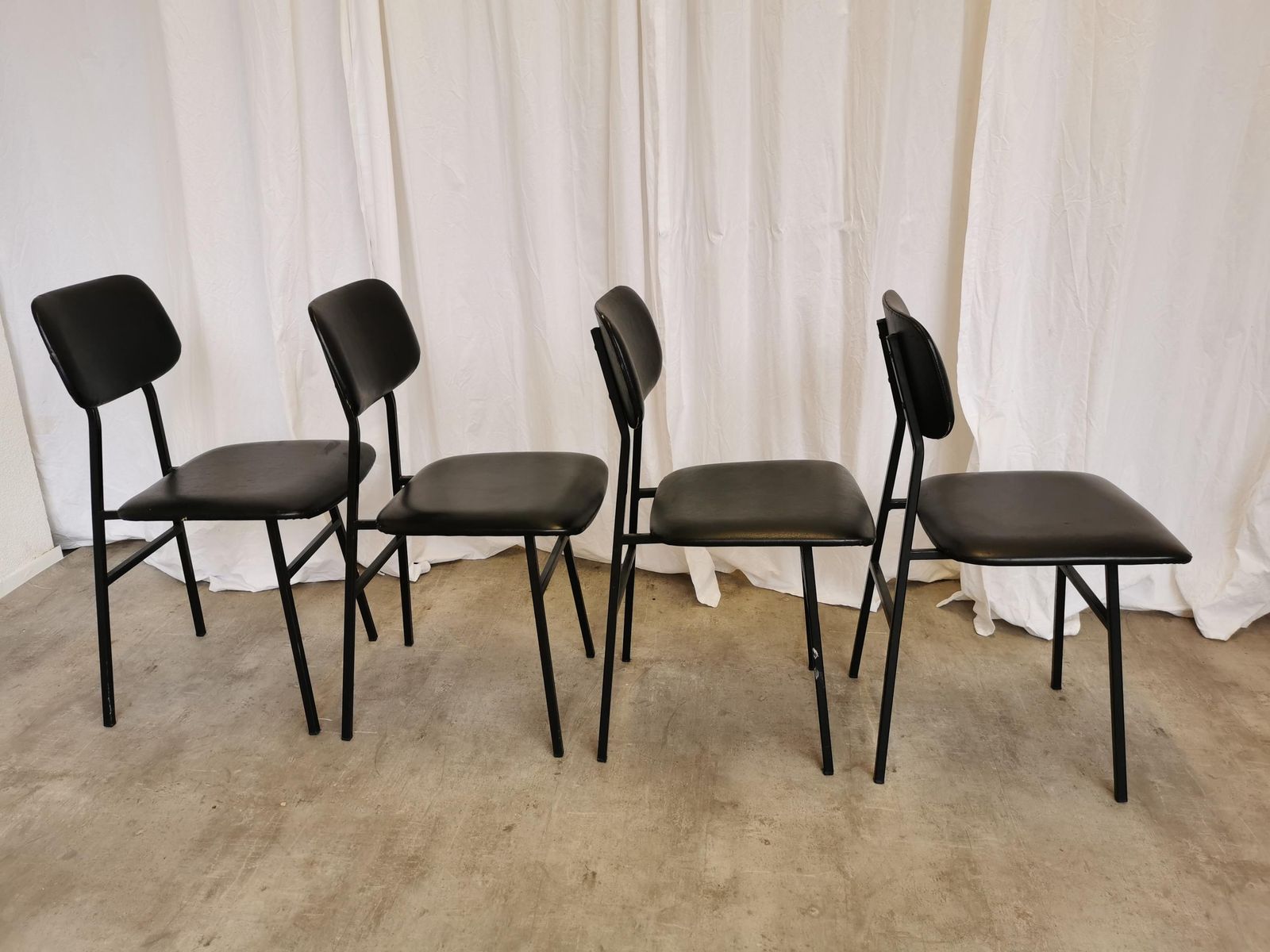 photo for sale Set Of 4 Vintage School Chairs With Black Leather / Stol Kamnik 1980s Yugoslavia / Metal Base Leather Seat / Mid Century Dining Chair