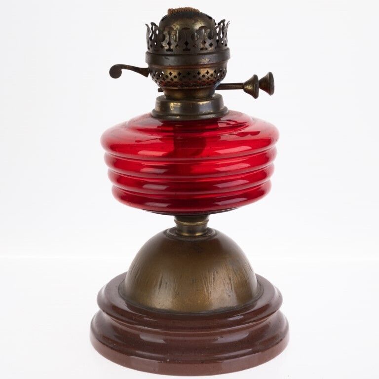 Antique Victorian Ribbed Red Glass Oil Lamp Brass Base