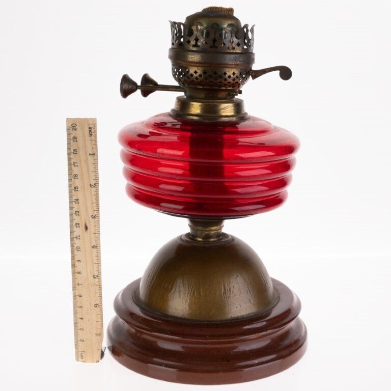 Antique Victorian Ribbed Red Glass Oil Lamp Brass Base photo for sale