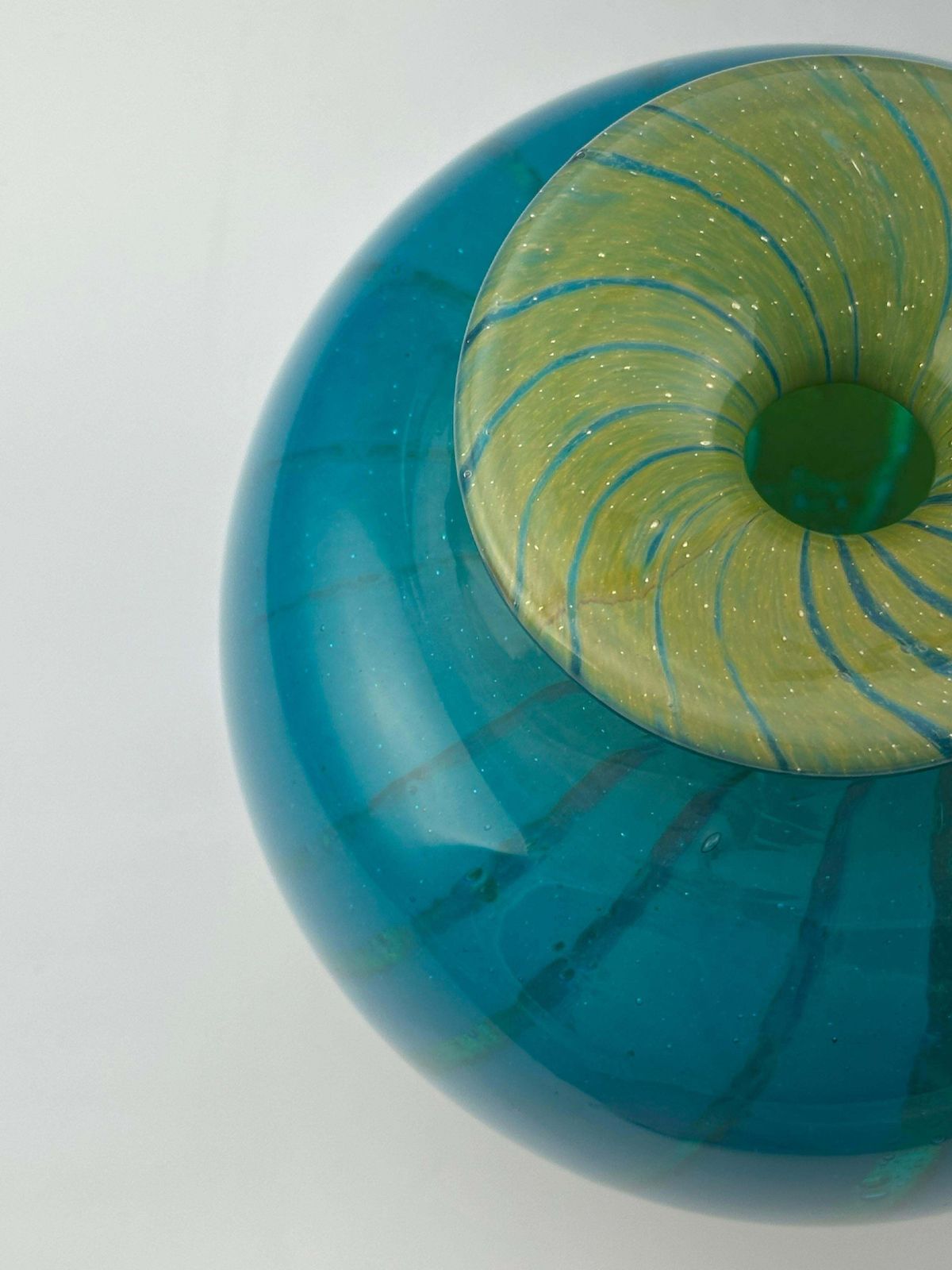 photo for sale Turquoise Mdina Glass Squat Bottle Vase In ‘Ming’ Pattern, Signed And Dated 1979, Malta