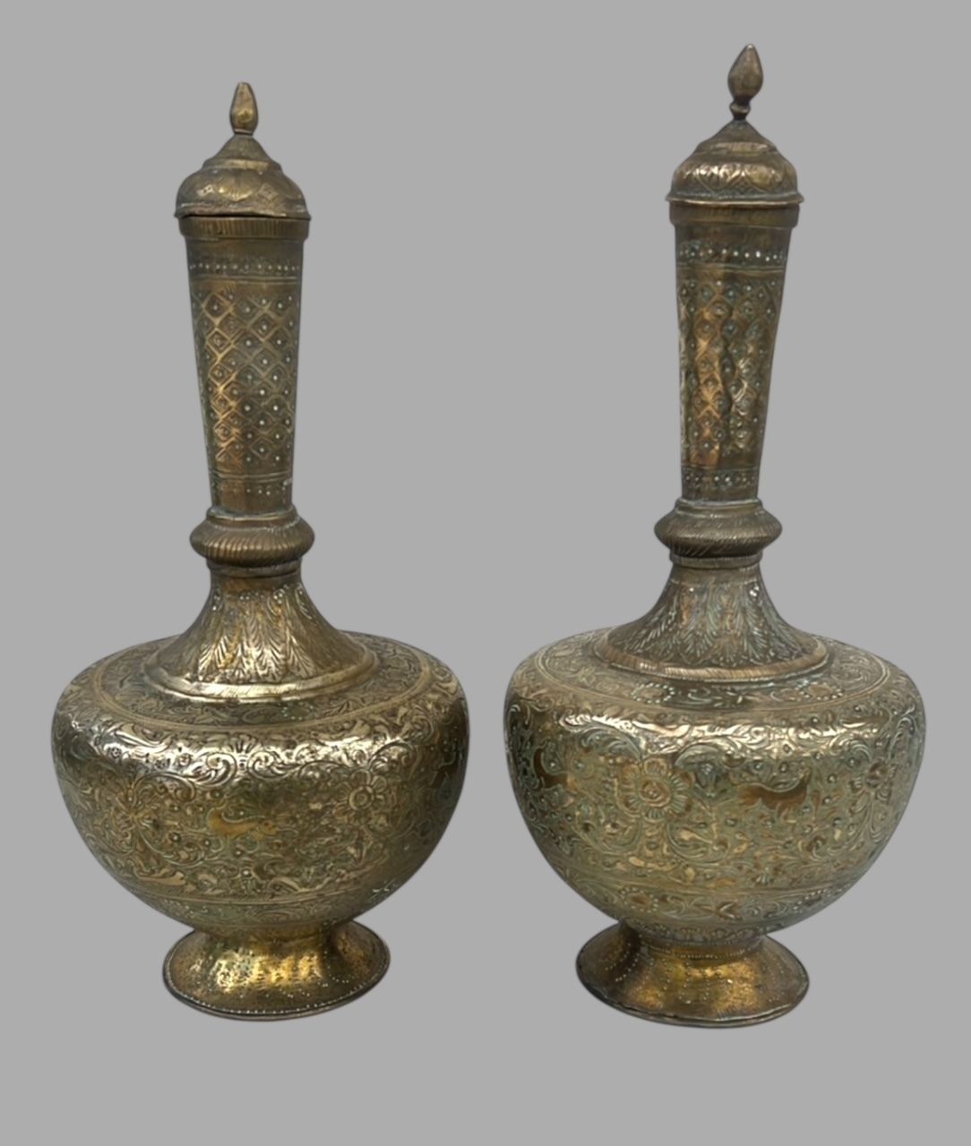 A Pair Of Antique Brass Surahi Lidded Water Vessels