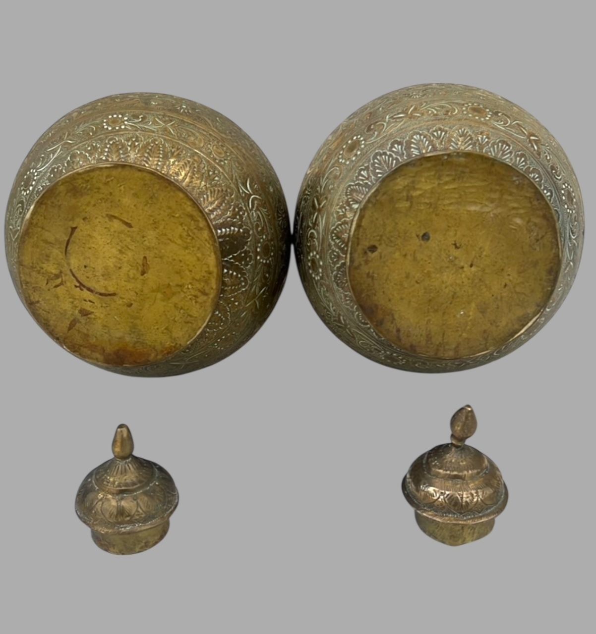 A Pair Of Antique Brass Surahi Lidded Water Vessels photo 240.0