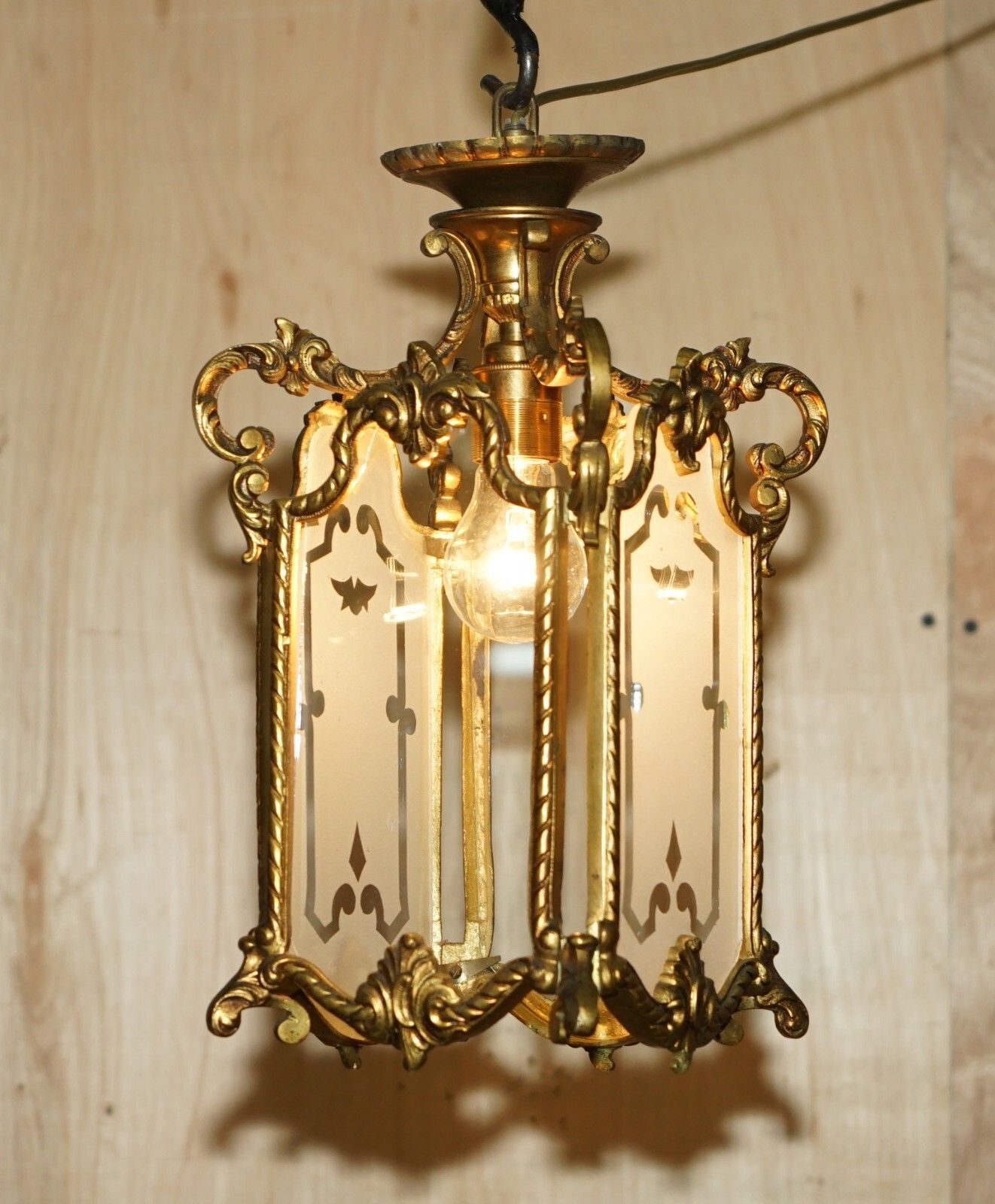 Pair Of Antique Circa 1920 Polished Brass Hanging Lanterns With Frosted Glass photo furniture