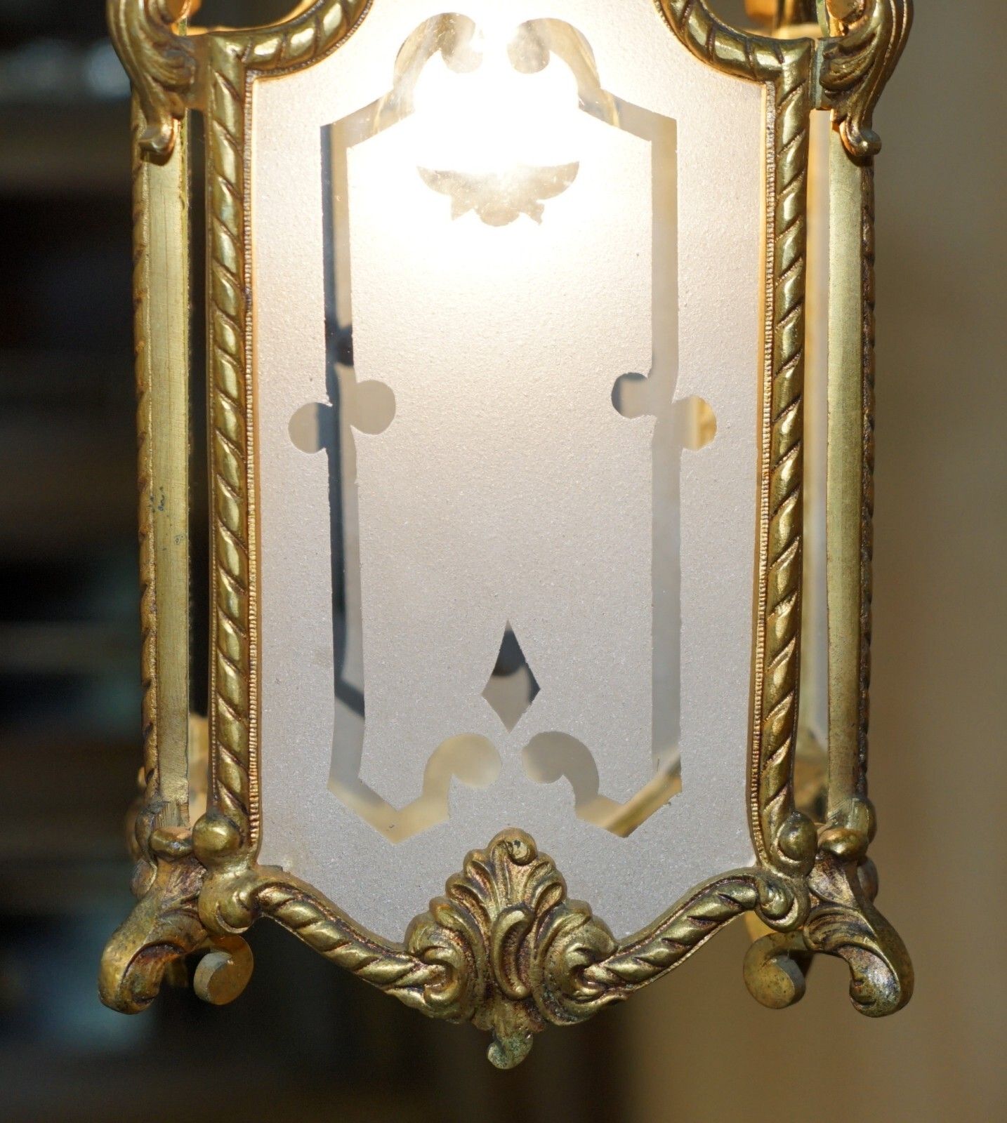 photo for sale Pair Of Antique Circa 1920 Polished Brass Hanging Lanterns With Frosted Glass