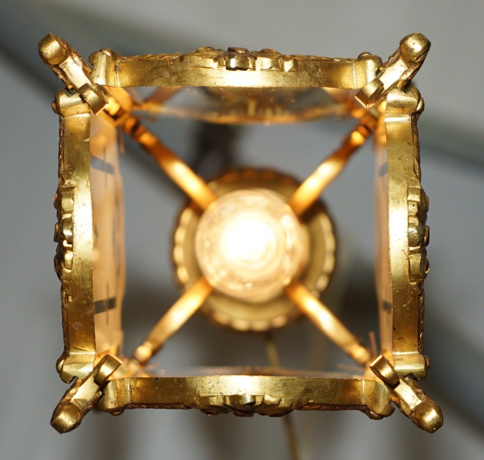 photo vintage Pair Of Antique Circa 1920 Polished Brass Hanging Lanterns With Frosted Glass