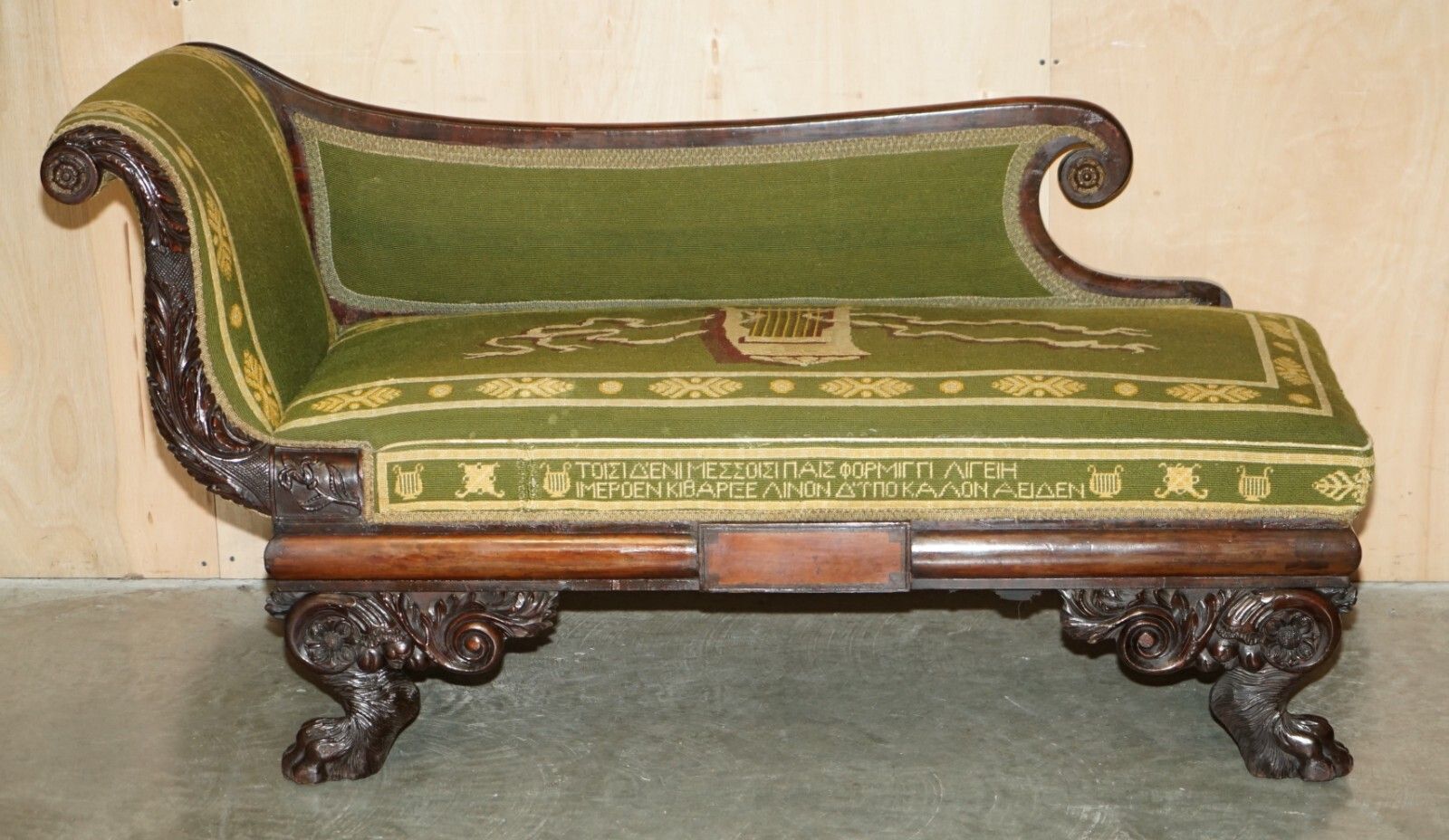 Antique Regency Embroidered Mahogany Hand Carved Lion's Hairy Paw Chaise Lounge photo furniture