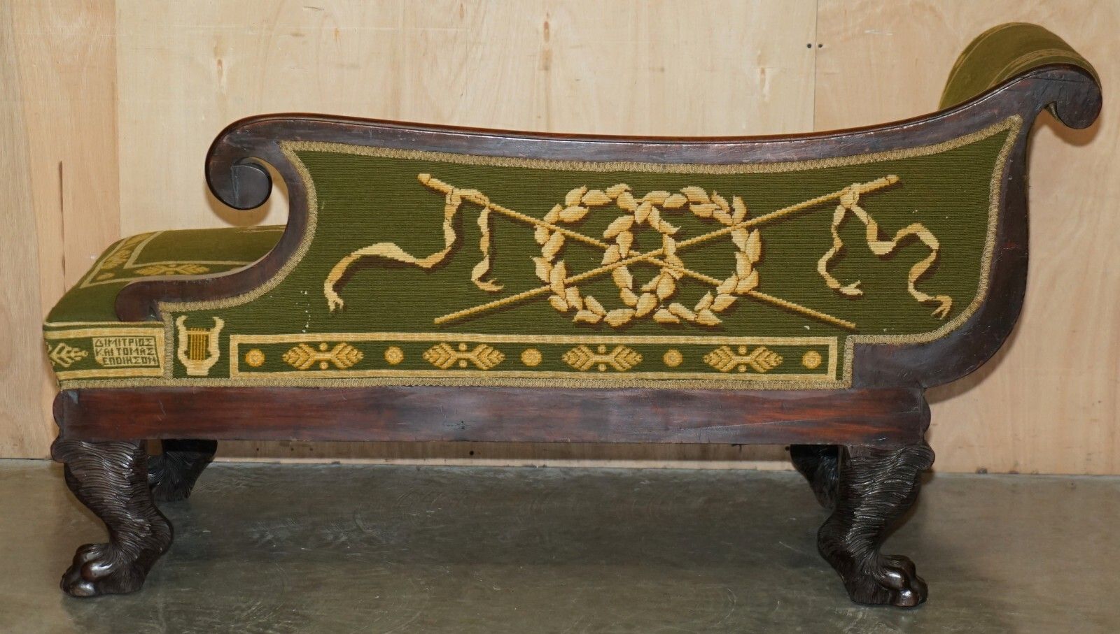 photo buy Antique Regency Embroidered Mahogany Hand Carved Lion's Hairy Paw Chaise Lounge